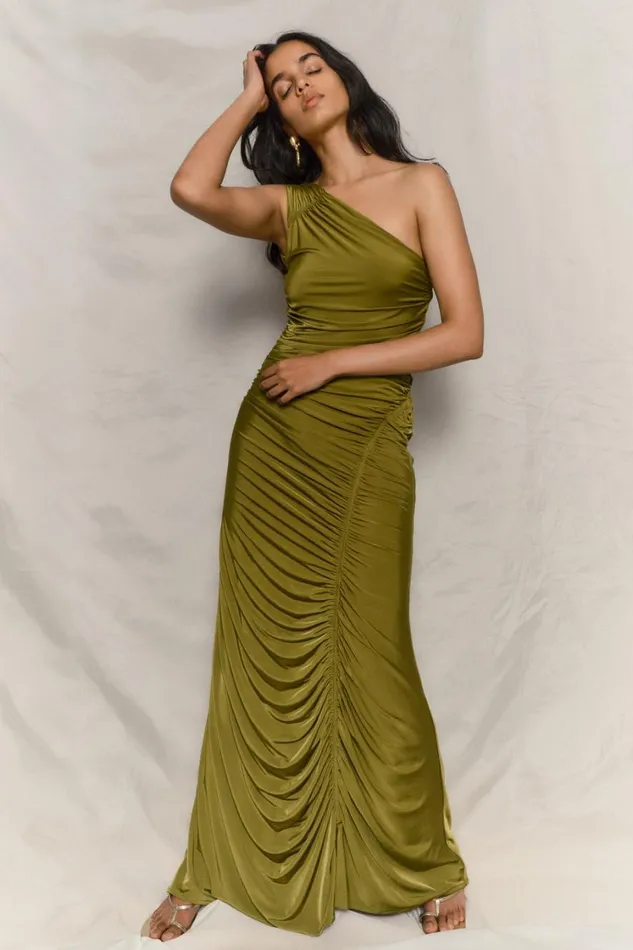 Women Meshki Dresses Capri Gathered Slinky Maxi Dress 8211 Vintage Olive