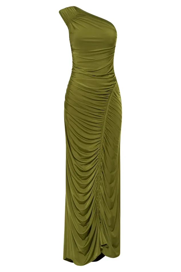 Women Meshki Dresses Capri Gathered Slinky Maxi Dress 8211 Vintage Olive