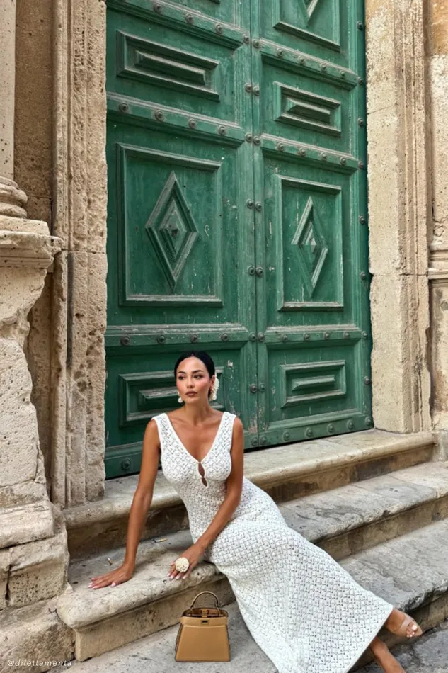 Women Meshki Dresses Carter Crochet Sleeveless Maxi Dress 8211 White