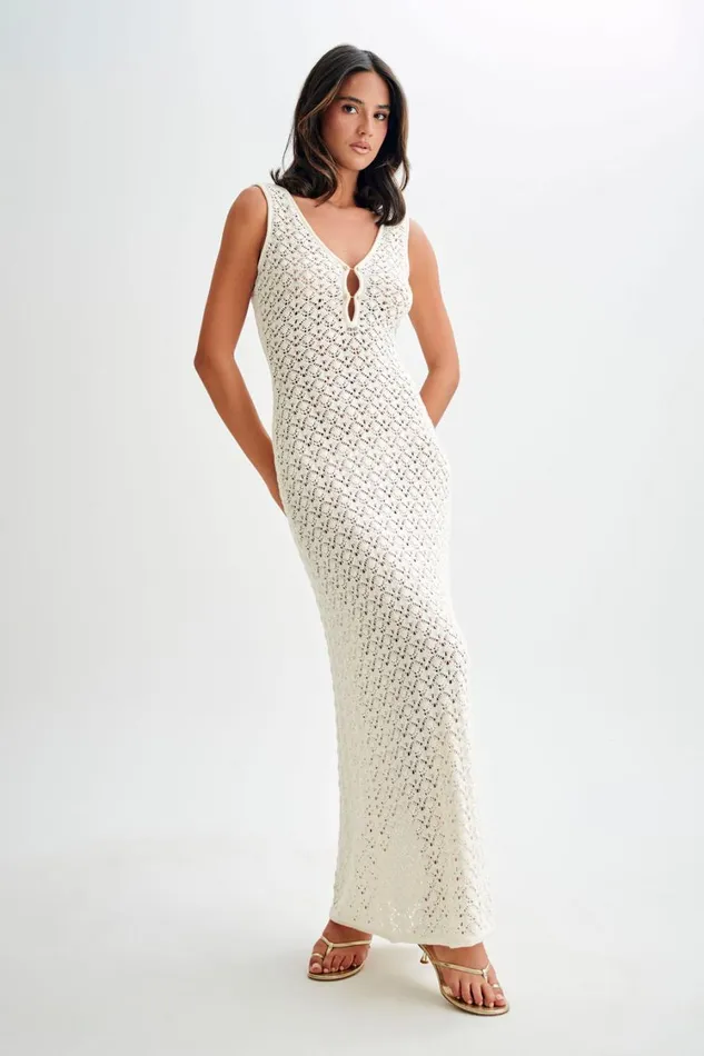 Women Meshki Dresses Carter Crochet Sleeveless Maxi Dress 8211 White