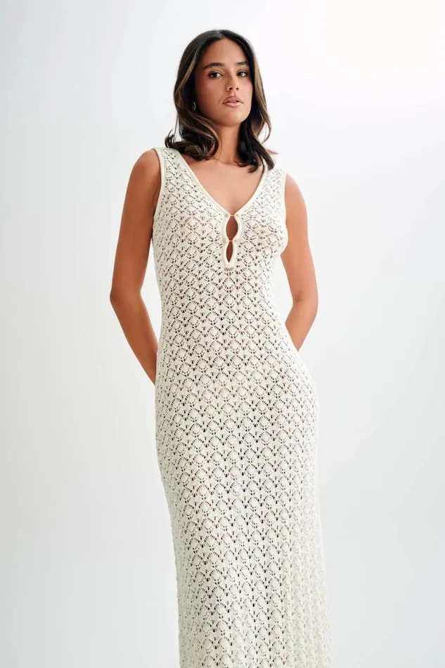 Women Meshki Dresses Carter Crochet Sleeveless Maxi Dress 8211 White