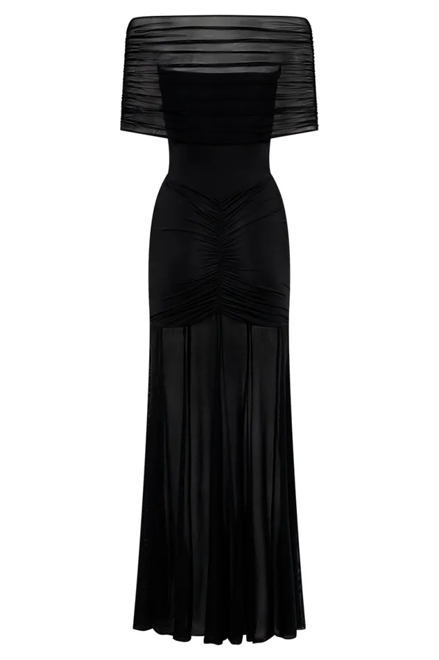 Women Meshki Dresses Caspian Slinky And Mesh Off Shoulder Maxi Dress 8211 Black