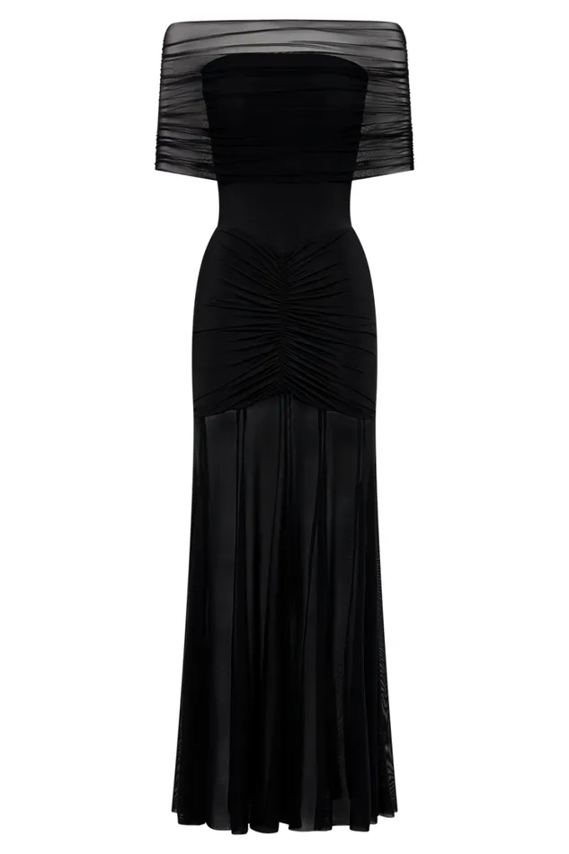 Women Meshki Dresses Caspian Slinky And Mesh Off Shoulder Maxi Dress 8211 Black