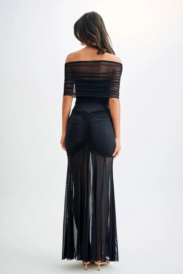 Women Meshki Dresses Caspian Slinky And Mesh Off Shoulder Maxi Dress 8211 Black