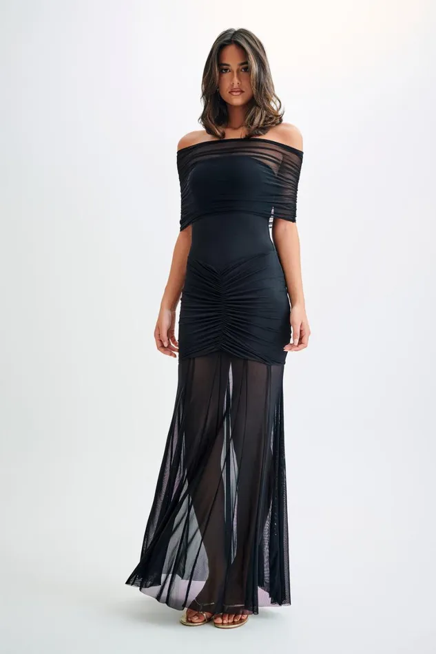 Women Meshki Dresses Caspian Slinky And Mesh Off Shoulder Maxi Dress 8211 Black