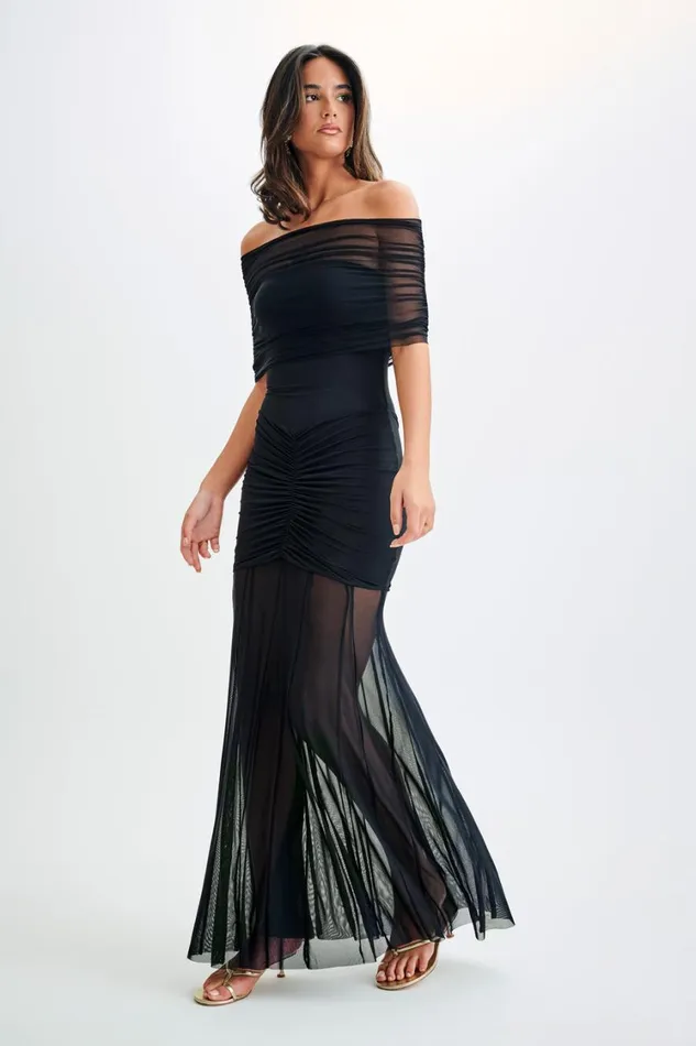 Women Meshki Dresses Caspian Slinky And Mesh Off Shoulder Maxi Dress 8211 Black