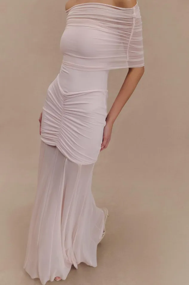 Women Meshki Dresses Caspian Slinky And Mesh Off Shoulder Maxi Dress 8211 Pale Pink