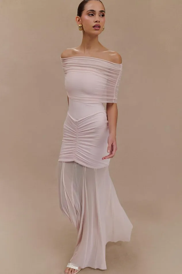 Women Meshki Dresses Caspian Slinky And Mesh Off Shoulder Maxi Dress 8211 Pale Pink