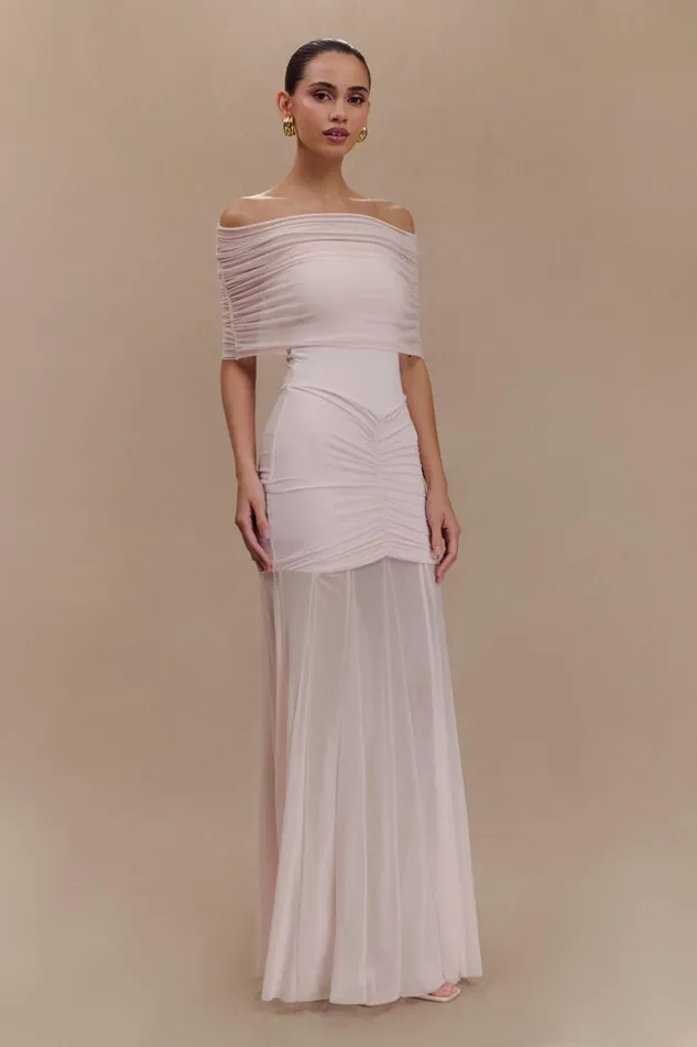 Women Meshki Dresses Caspian Slinky And Mesh Off Shoulder Maxi Dress 8211 Pale Pink