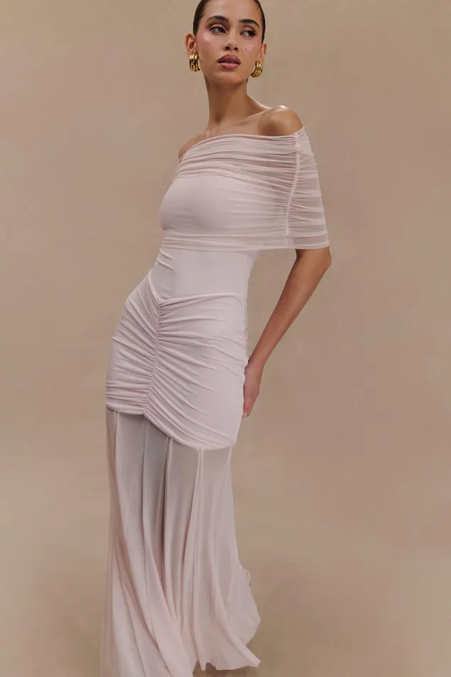 Women Meshki Dresses Caspian Slinky And Mesh Off Shoulder Maxi Dress 8211 Pale Pink