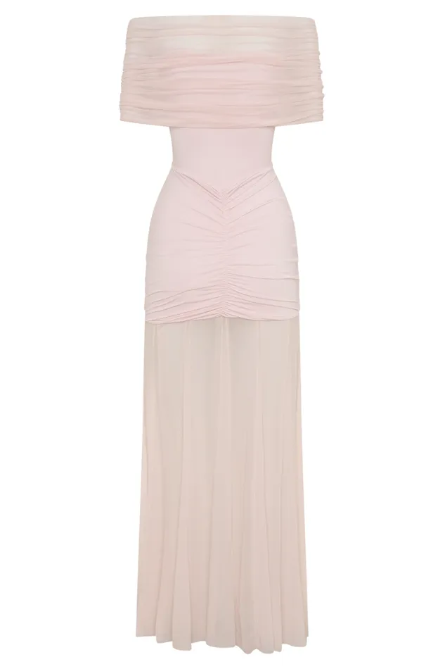 Women Meshki Dresses Caspian Slinky And Mesh Off Shoulder Maxi Dress 8211 Pale Pink