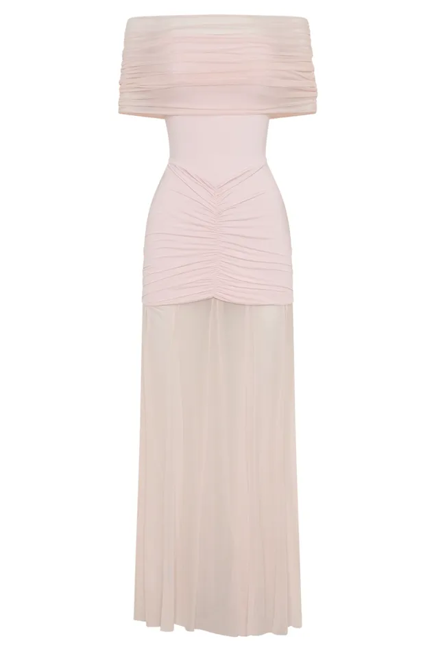 Women Meshki Dresses Caspian Slinky And Mesh Off Shoulder Maxi Dress 8211 Pale Pink