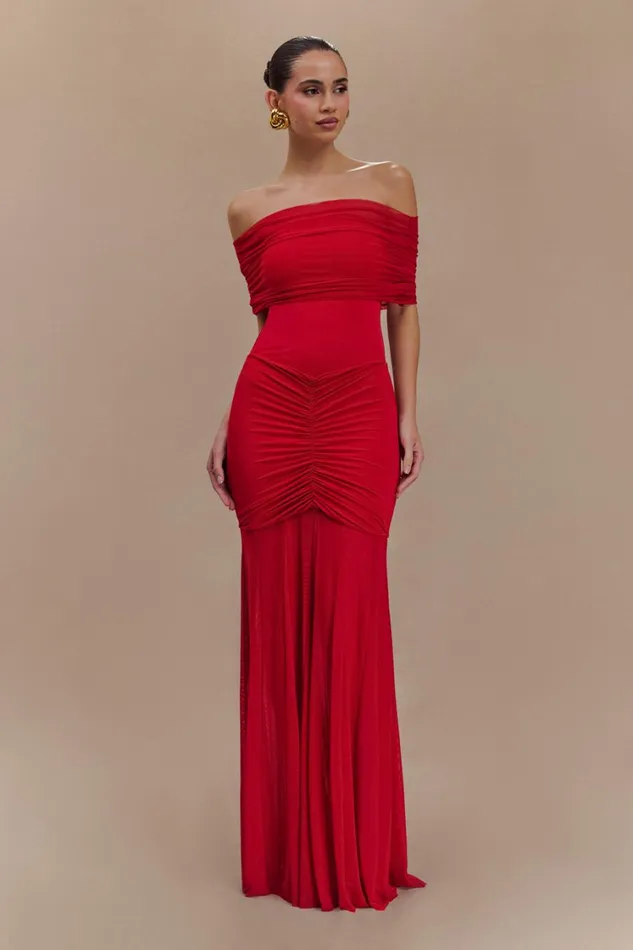 Women Meshki Dresses Caspian Slinky And Mesh Off Shoulder Maxi Dress 8211 Ruby