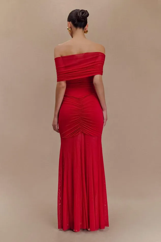Women Meshki Dresses Caspian Slinky And Mesh Off Shoulder Maxi Dress 8211 Ruby