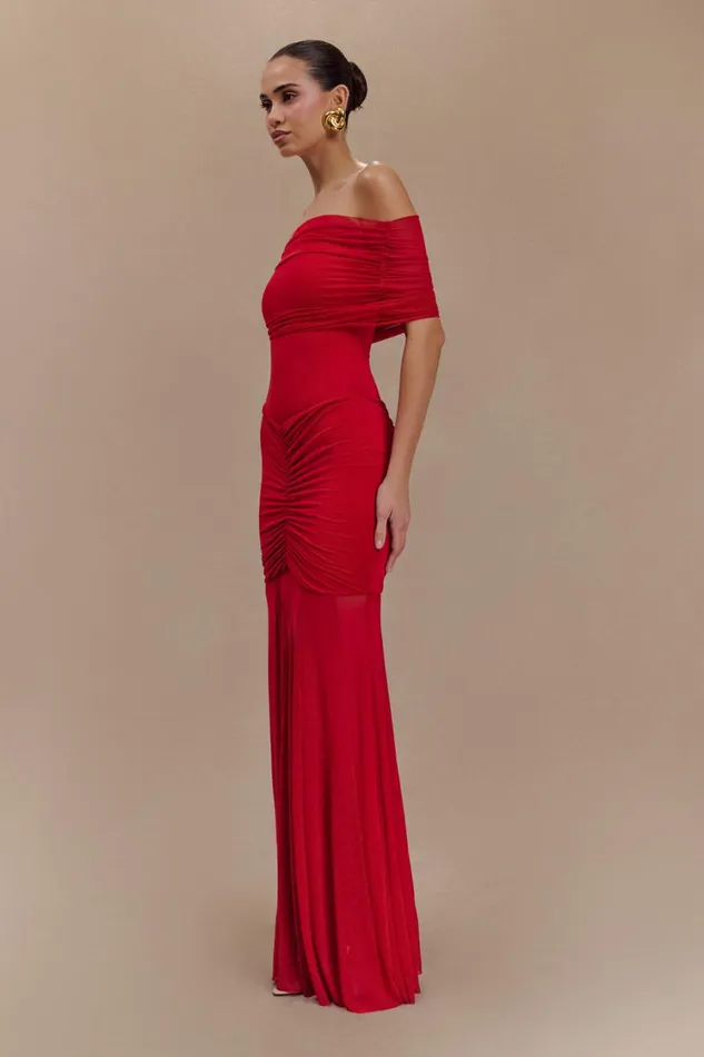 Women Meshki Dresses Caspian Slinky And Mesh Off Shoulder Maxi Dress 8211 Ruby