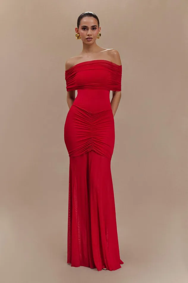 Women Meshki Dresses Caspian Slinky And Mesh Off Shoulder Maxi Dress 8211 Ruby