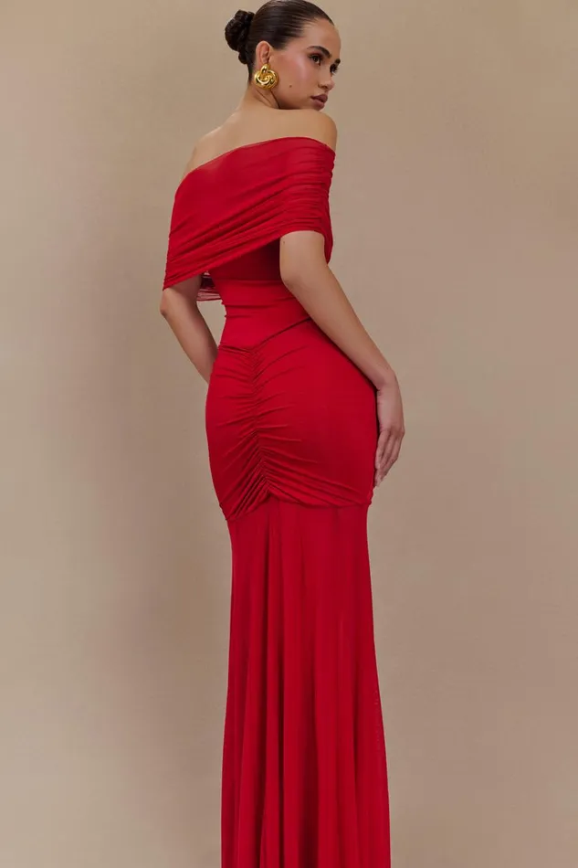 Women Meshki Dresses Caspian Slinky And Mesh Off Shoulder Maxi Dress 8211 Ruby