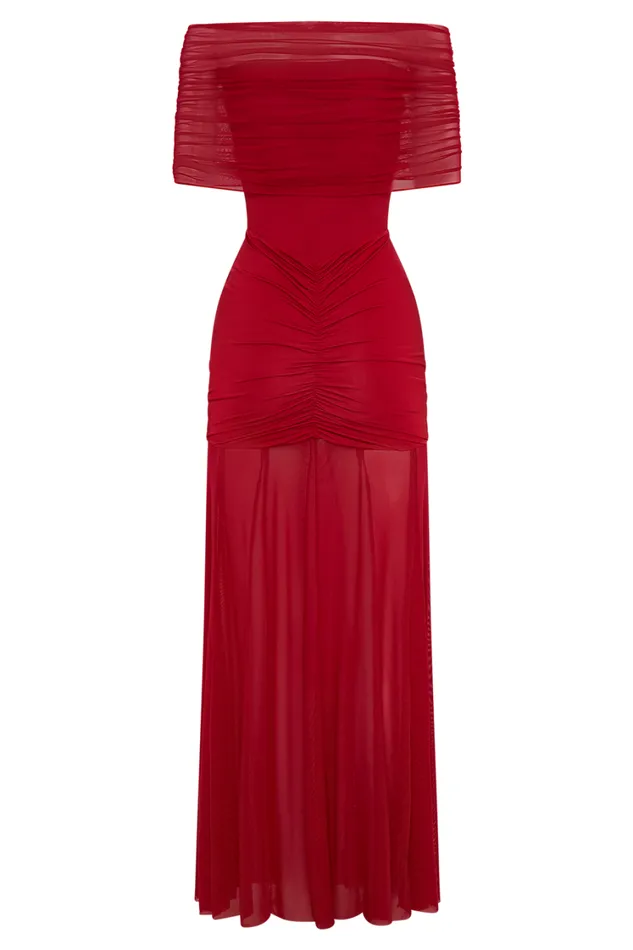 Women Meshki Dresses Caspian Slinky And Mesh Off Shoulder Maxi Dress 8211 Ruby