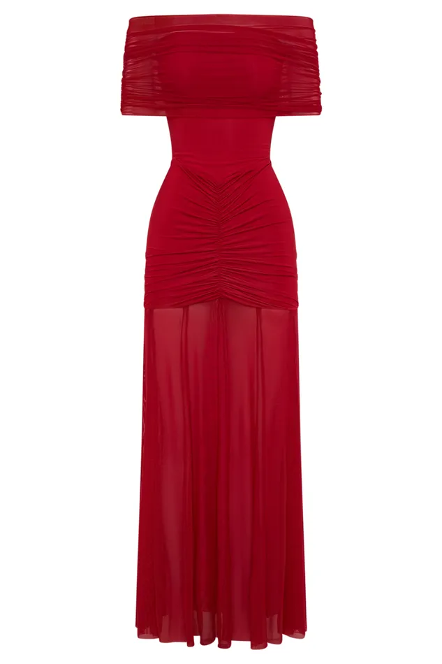 Women Meshki Dresses Caspian Slinky And Mesh Off Shoulder Maxi Dress 8211 Ruby