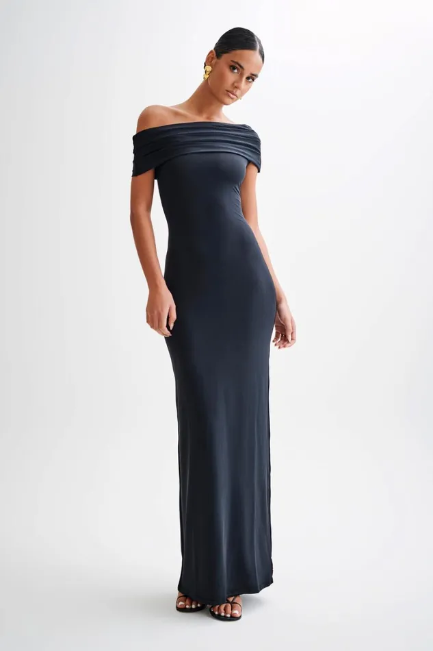 Women Meshki Dresses Cassandra Off Shoulder Slinky Maxi Dress 8211 Black