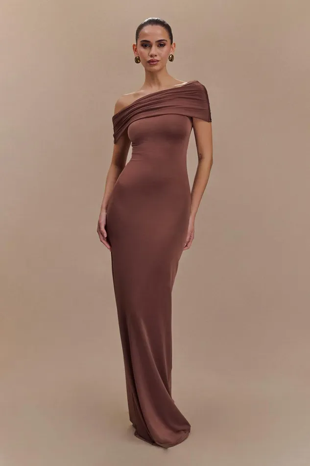 Women Meshki Dresses Cassandra Off Shoulder Slinky Maxi Dress 8211 Chocolate