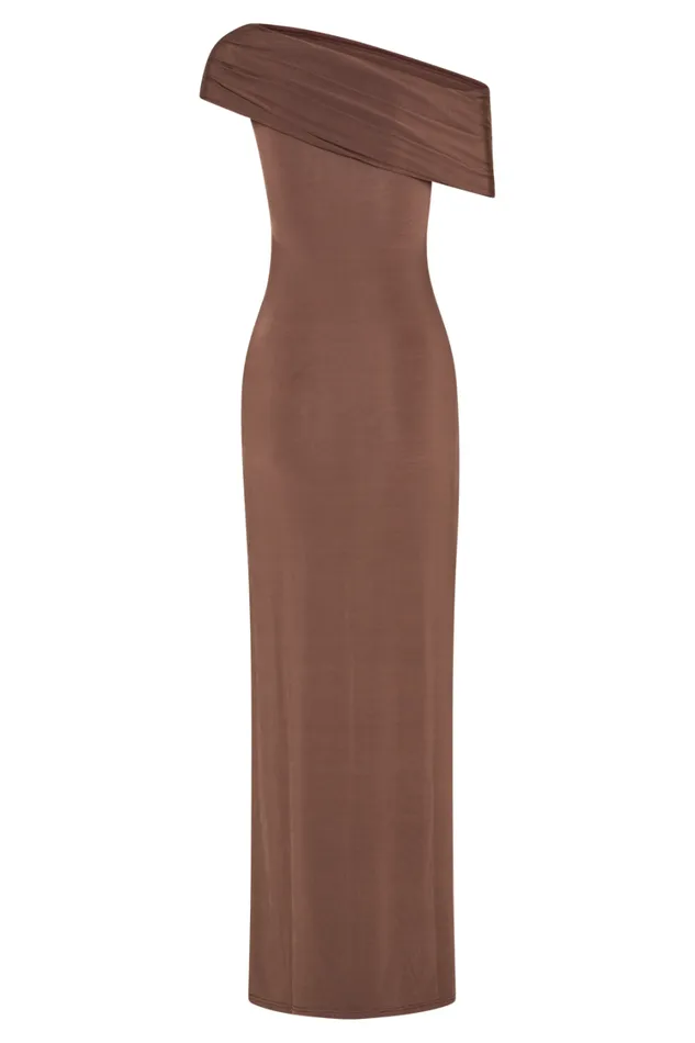 Women Meshki Dresses Cassandra Off Shoulder Slinky Maxi Dress 8211 Chocolate