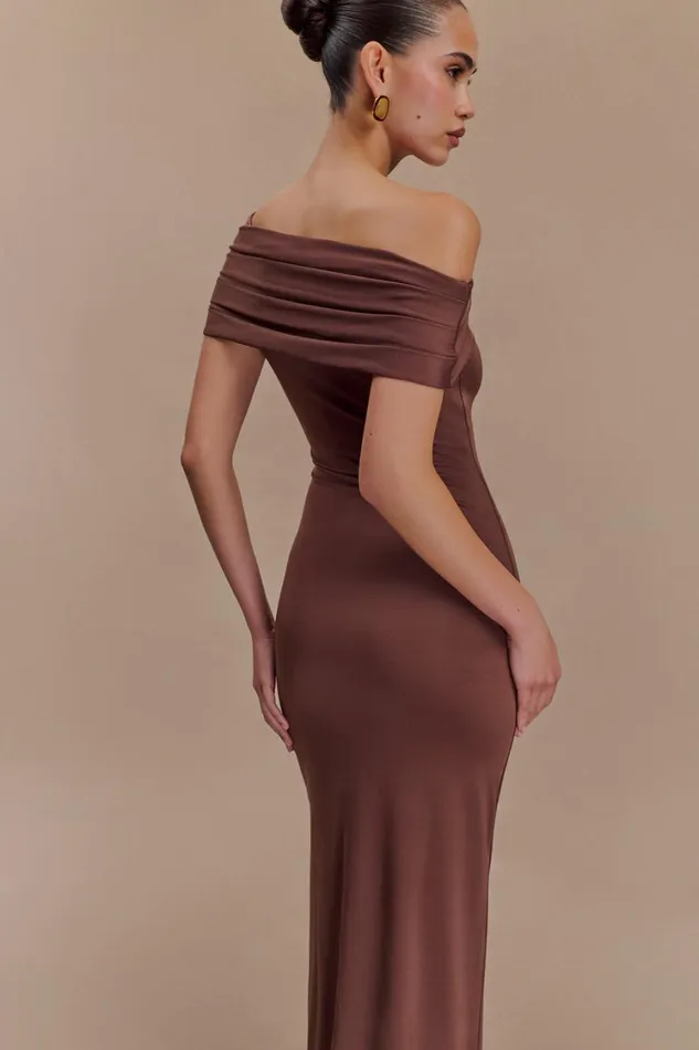Women Meshki Dresses Cassandra Off Shoulder Slinky Maxi Dress 8211 Chocolate