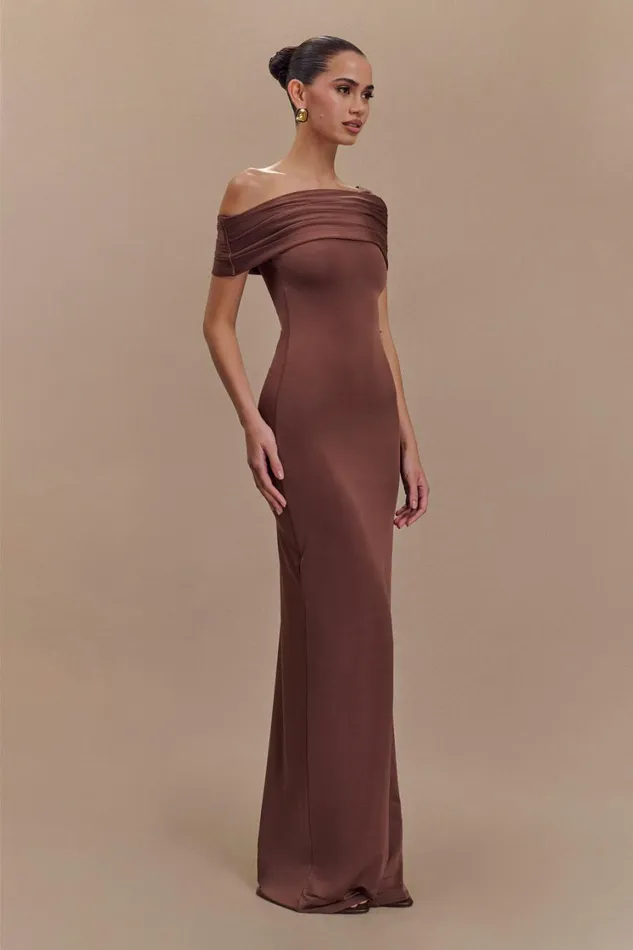 Women Meshki Dresses Cassandra Off Shoulder Slinky Maxi Dress 8211 Chocolate