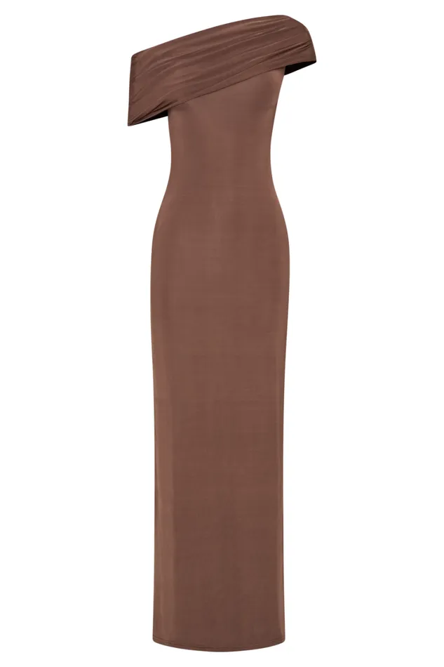 Women Meshki Dresses Cassandra Off Shoulder Slinky Maxi Dress 8211 Chocolate