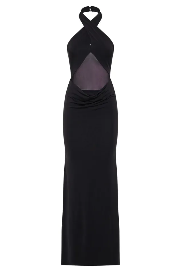 Women Meshki Dresses Caterina Slinky Mesh Halter Maxi Dress 8211 Black