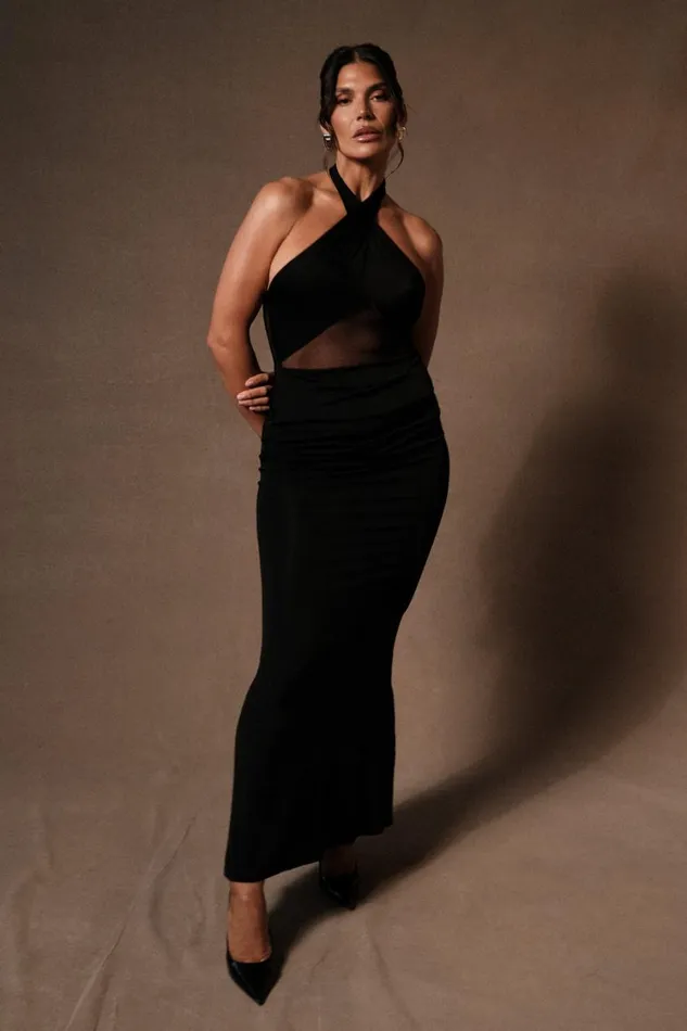 Women Meshki Dresses Caterina Slinky Mesh Halter Maxi Dress 8211 Black