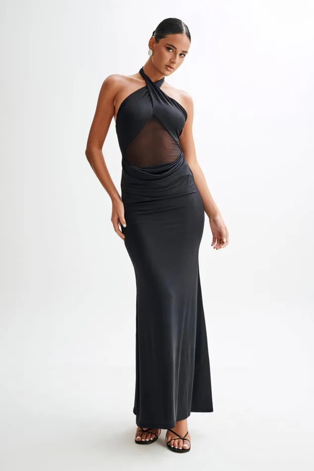Women Meshki Dresses Caterina Slinky Mesh Halter Maxi Dress 8211 Black