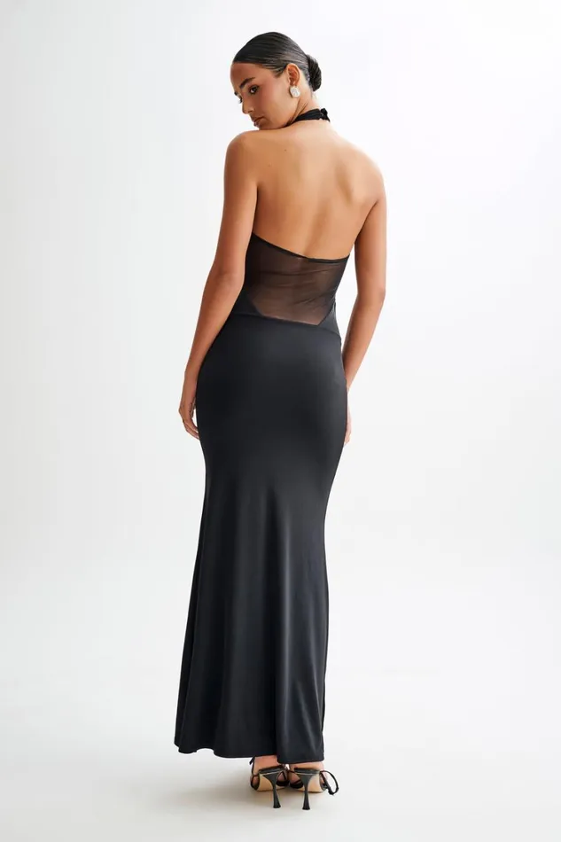 Women Meshki Dresses Caterina Slinky Mesh Halter Maxi Dress 8211 Black