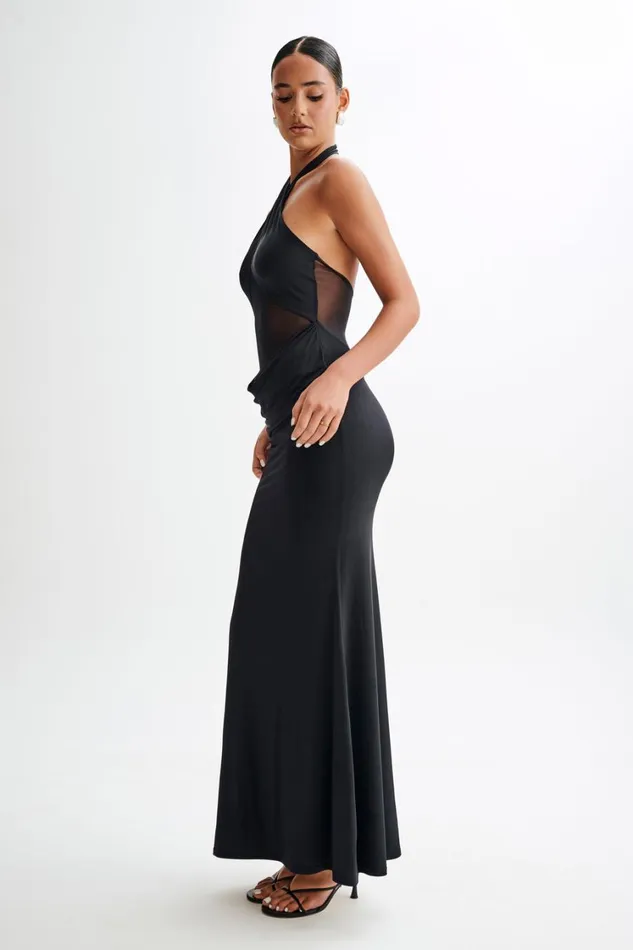 Women Meshki Dresses Caterina Slinky Mesh Halter Maxi Dress 8211 Black