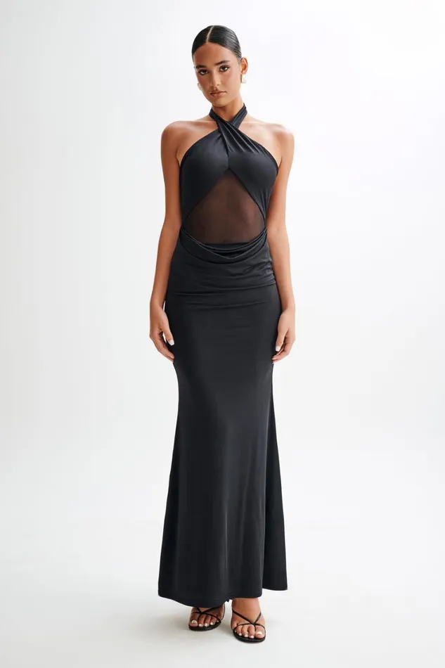 Women Meshki Dresses Caterina Slinky Mesh Halter Maxi Dress 8211 Black