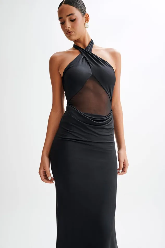 Women Meshki Dresses Caterina Slinky Mesh Halter Maxi Dress 8211 Black