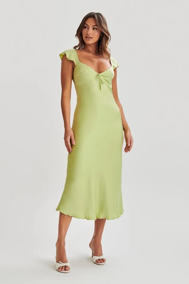 Women Meshki Dresses Chantal Short Sleeve Satin Midi Dress 8211 Apple