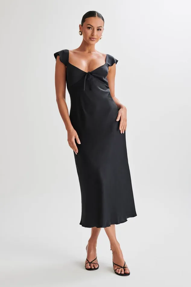 Women Meshki Dresses Chantal Short Sleeve Satin Midi Dress 8211 Black