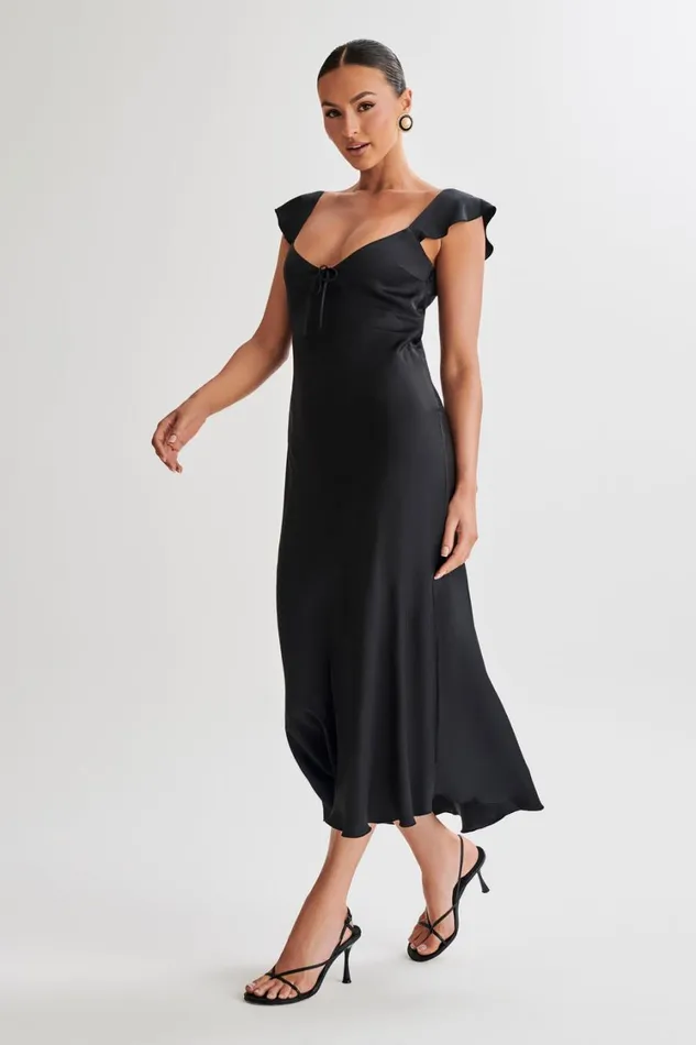Women Meshki Dresses Chantal Short Sleeve Satin Midi Dress 8211 Black