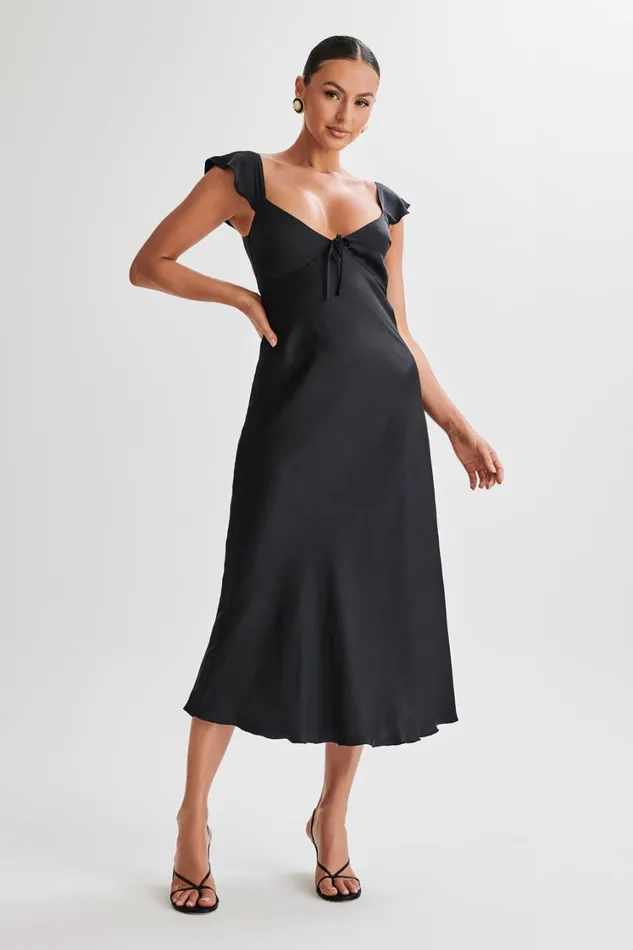 Women Meshki Dresses Chantal Short Sleeve Satin Midi Dress 8211 Black