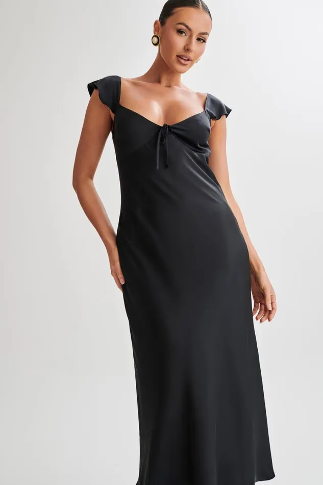 Women Meshki Dresses Chantal Short Sleeve Satin Midi Dress 8211 Black