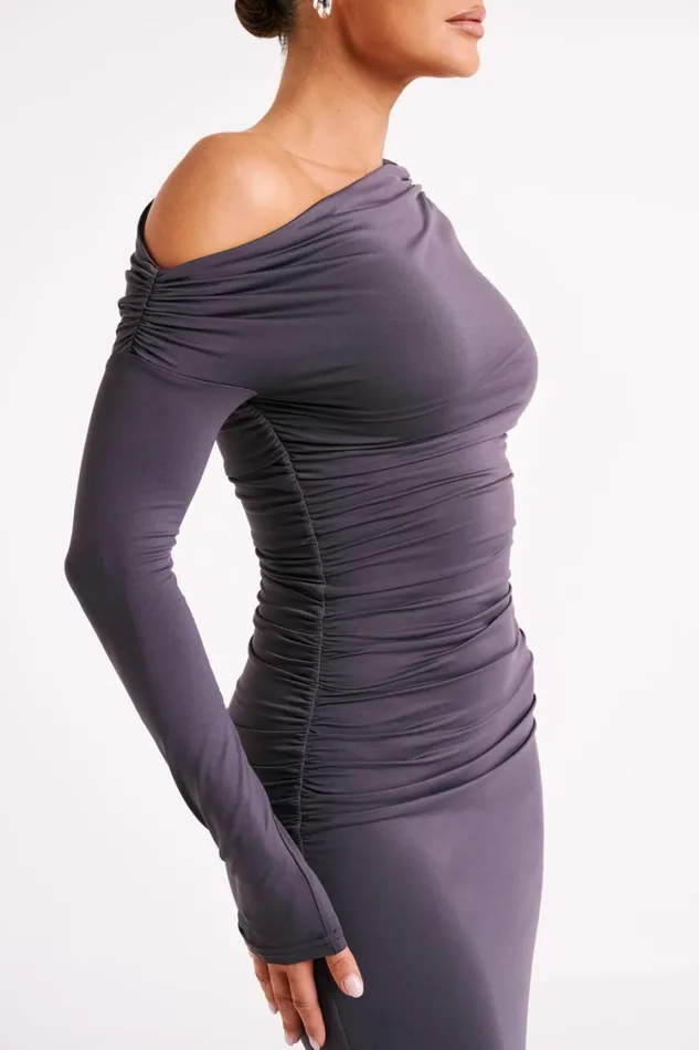 Women Meshki Dresses Christabel Recycled Nylon Ruched Midi Dress 8211 Charcoal