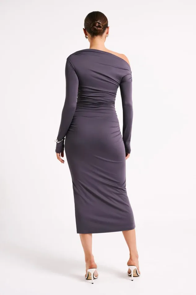 Women Meshki Dresses Christabel Recycled Nylon Ruched Midi Dress 8211 Charcoal