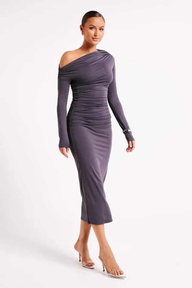 Women Meshki Dresses Christabel Recycled Nylon Ruched Midi Dress 8211 Charcoal