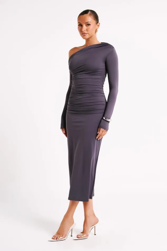 Women Meshki Dresses Christabel Recycled Nylon Ruched Midi Dress 8211 Charcoal