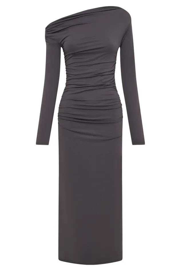 Women Meshki Dresses Christabel Recycled Nylon Ruched Midi Dress 8211 Charcoal