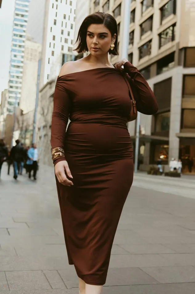 Women Meshki Dresses Christabel Recycled Nylon Ruched Midi Dress 8211 Chocolate