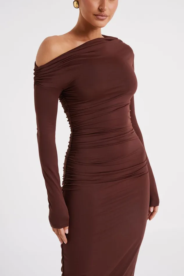 Women Meshki Dresses Christabel Recycled Nylon Ruched Midi Dress 8211 Chocolate