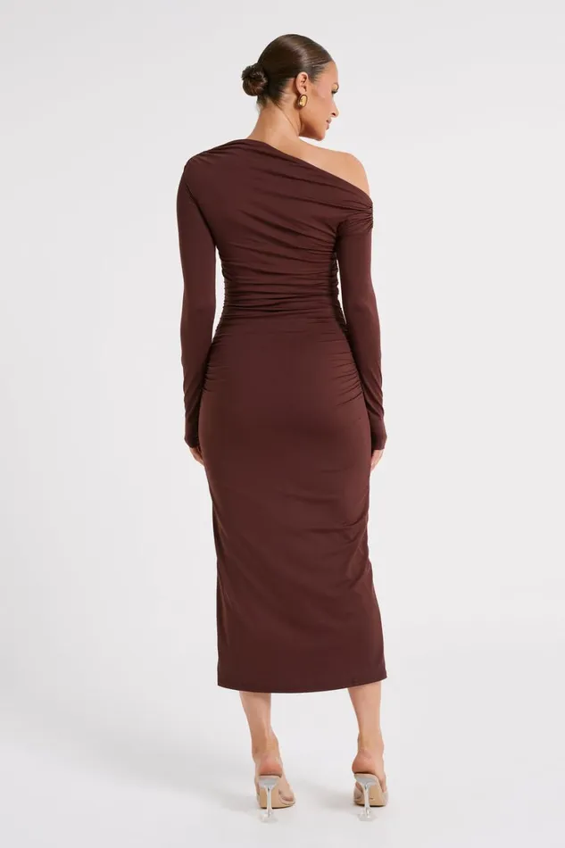 Women Meshki Dresses Christabel Recycled Nylon Ruched Midi Dress 8211 Chocolate