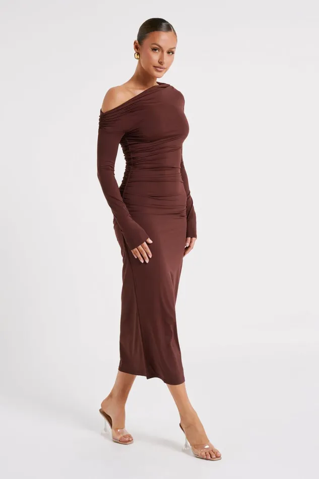 Women Meshki Dresses Christabel Recycled Nylon Ruched Midi Dress 8211 Chocolate